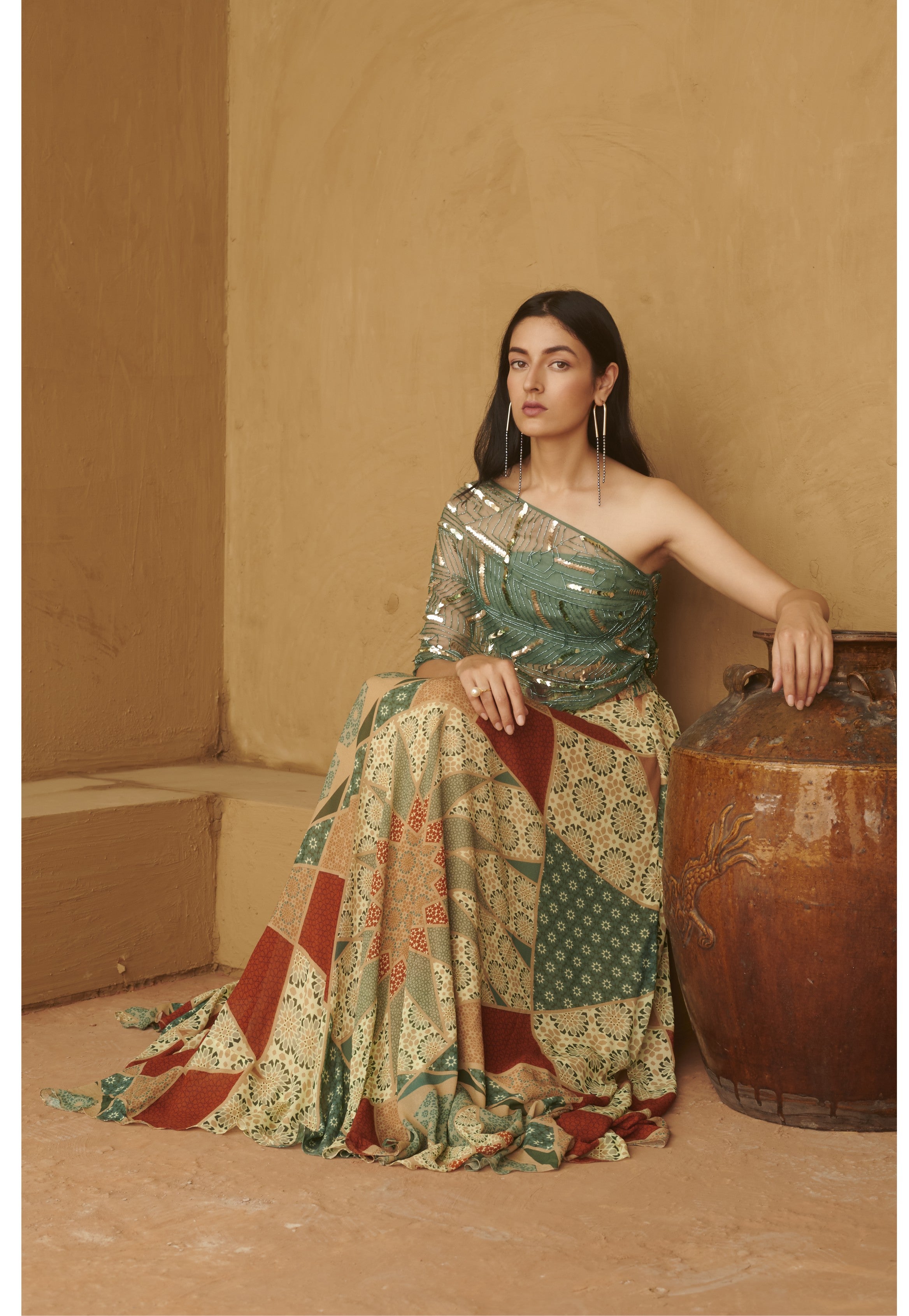 Slate Green Beaded Organza Top With Skirt Set