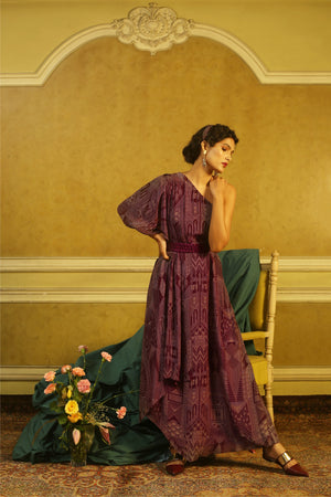 Aubergine Art Deco One Shoulder Belted Maxi