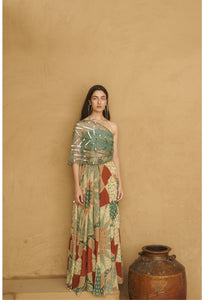 Slate Green Beaded Organza Top With Skirt Set