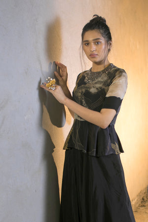 Black Labyrinth Peplum Top with Draped Pants