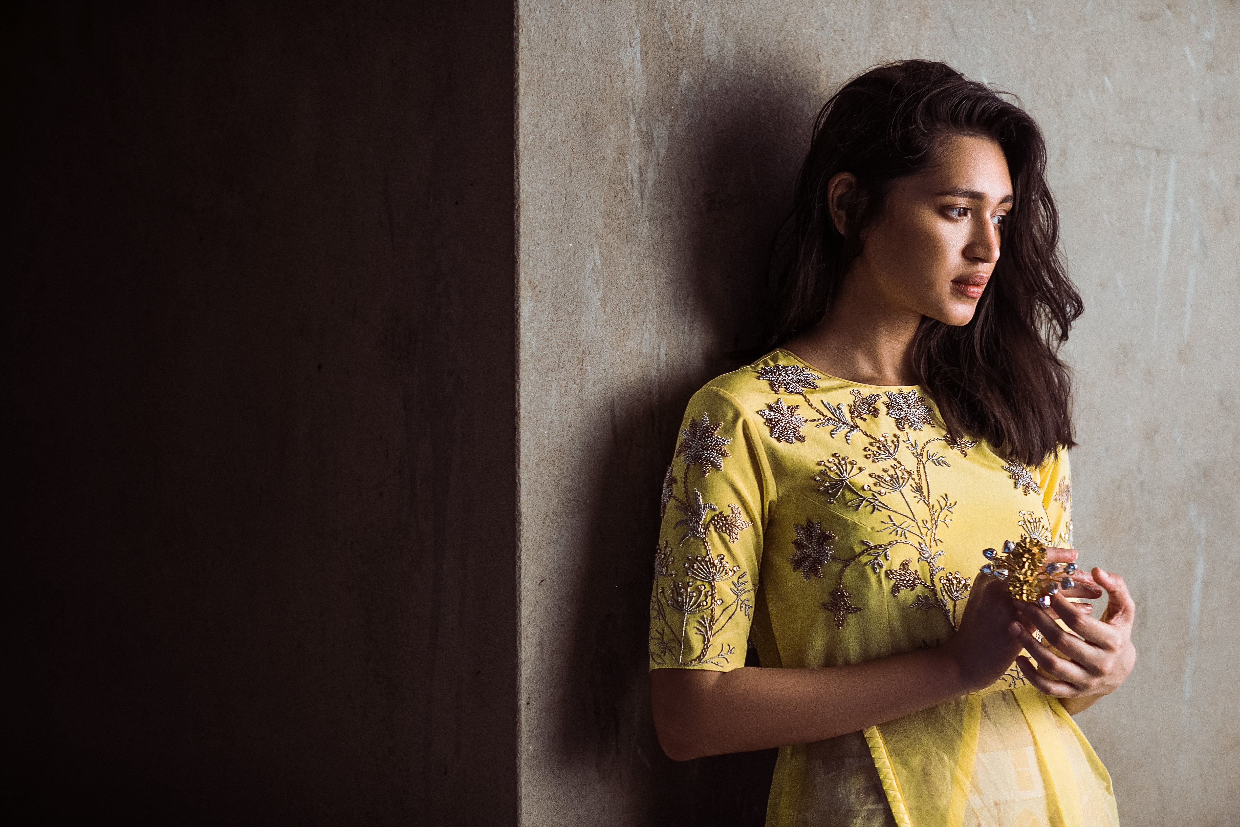 Yellow organza slit tunic with draped pants