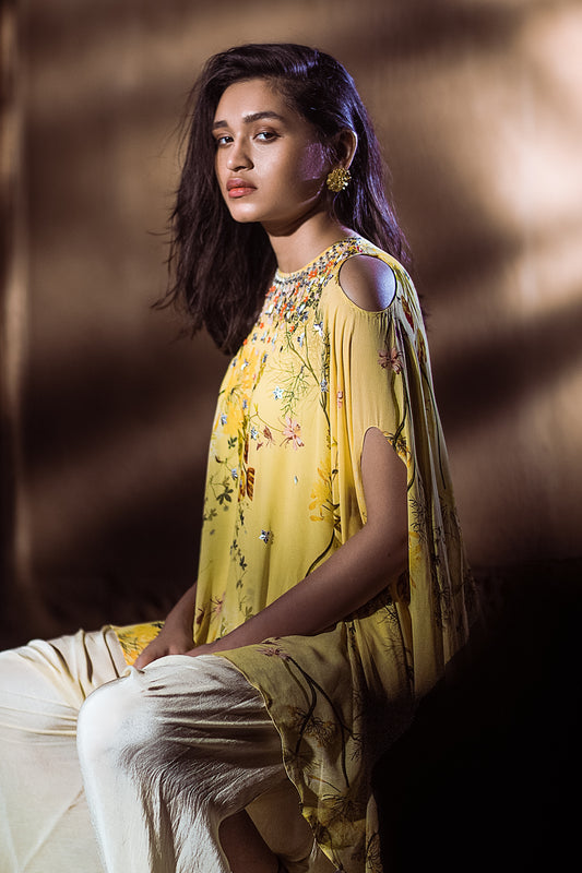 Yellow floral cape top set