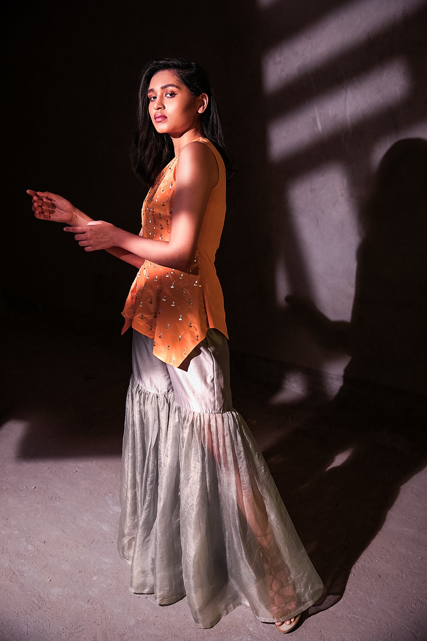 Salmon pleated top with organza pants