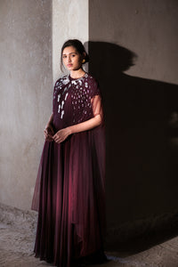 Maroon gown with embroidered net cape