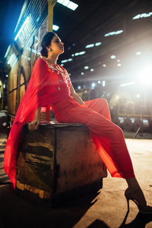 Coral Cuboid Cape Top & Palazzo Set