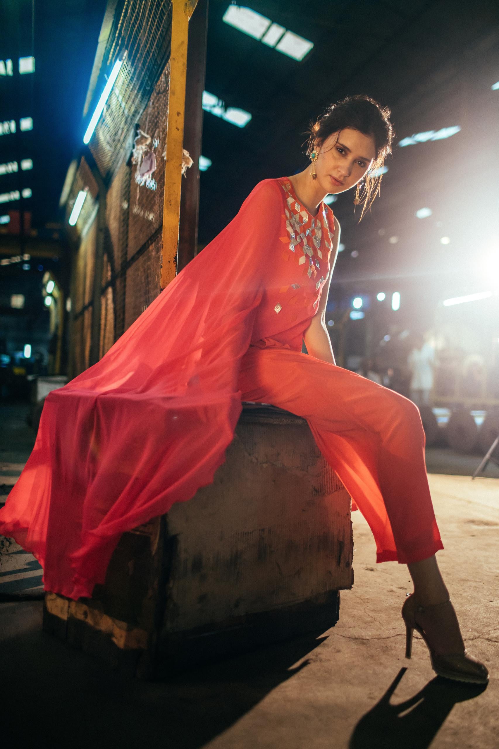 Coral Cuboid Cape Top & Palazzo Set