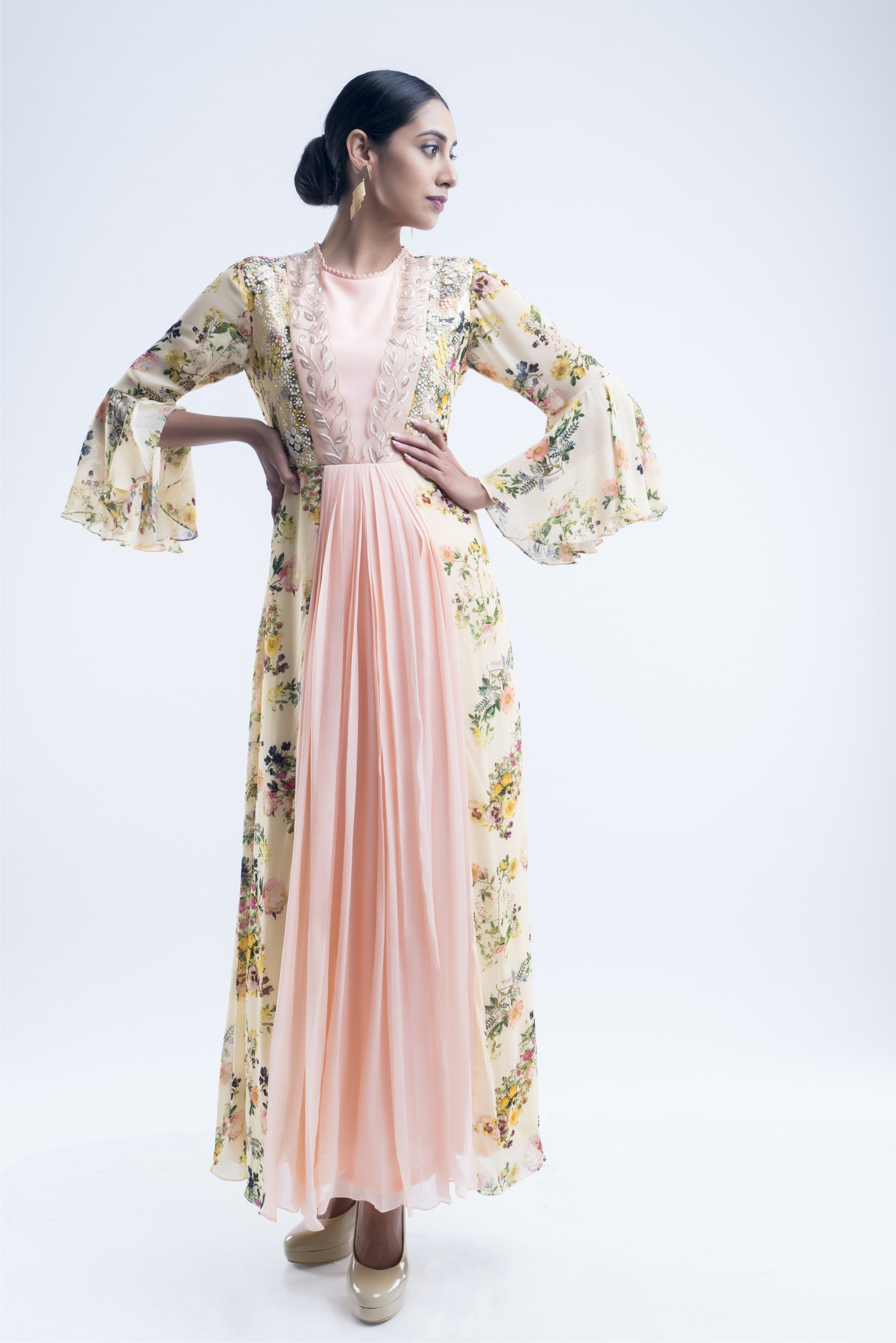 Offwhite Floral Color Block Pleated Gown