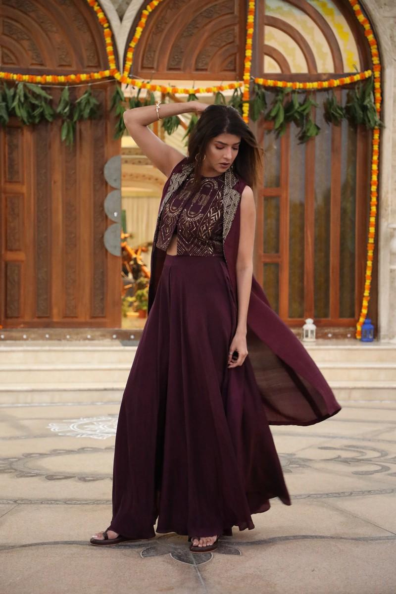 Lakshmi Manchu in Aubergine Lapel Jacket Set with Crop Top and Flared Pants