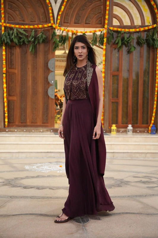 Lakshmi Manchu in Aubergine Lapel Jacket Set with Crop Top and Flared Pants