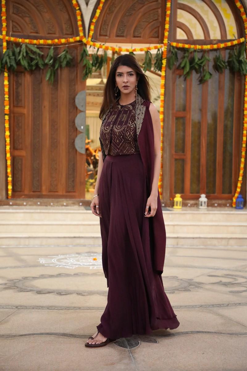 Lakshmi Manchu in Aubergine Lapel Jacket Set with Crop Top and Flared Pants