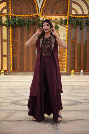 Lakshmi Manchu in Aubergine Lapel Jacket Set with Crop Top and Flared Pants