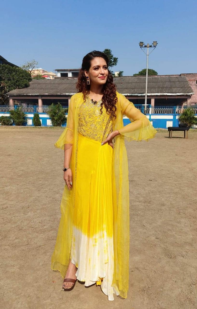 Yellow Beaded Gown with Scallop Embroidered Organza Jacket