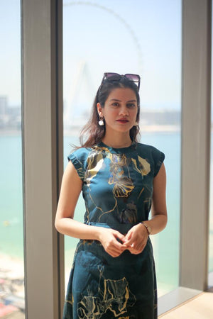 Teal Print Ruched Dress