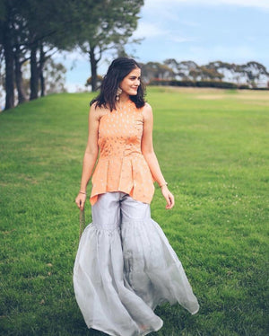Salmon pleated top with organza pants