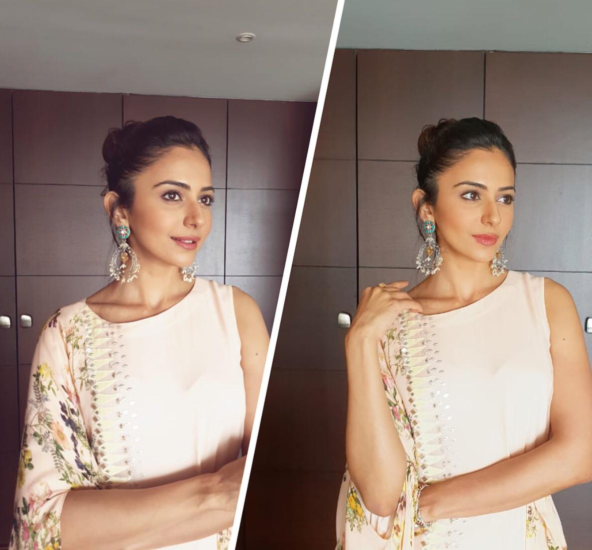 Rakul Preet In Offwhite Floral Color Block Maxi