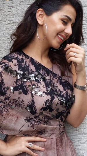 Nikki Galrani in Ash Beaded Wrap Jumpsuit