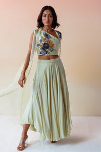 Mint One Shoulder Cluster Crop Top with Organza Jacket and Flare Pant.