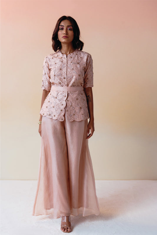 Old Rose Cut Work Embroidered Jacket with Belt and Organza Pant