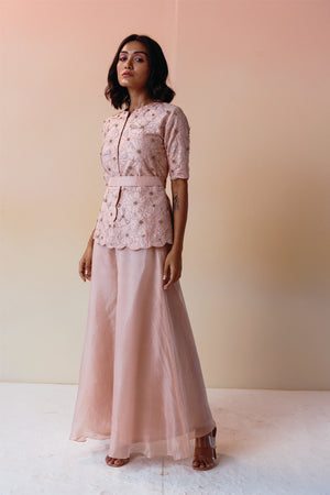 Old Rose Cut Work Embroidered Jacket with Belt and Organza Pant