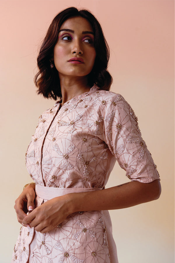 Old Rose Cut Work Embroidered Jacket with Belt and Organza Pant