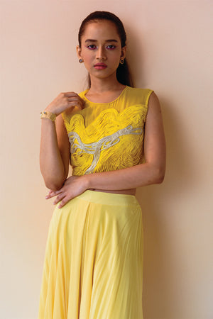 Yellow Corded Sheer Top with Flare Pant