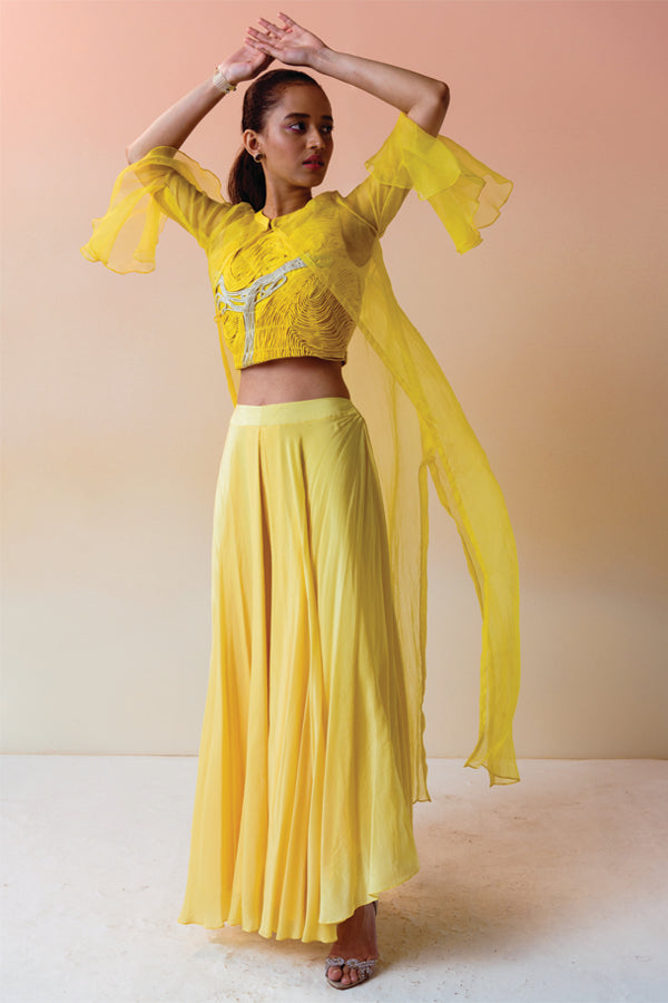 Yellow Corded Sheer Top with Flare Pant