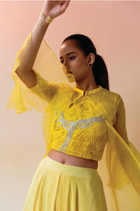 Yellow Corded Sheer Top with Flare Pant