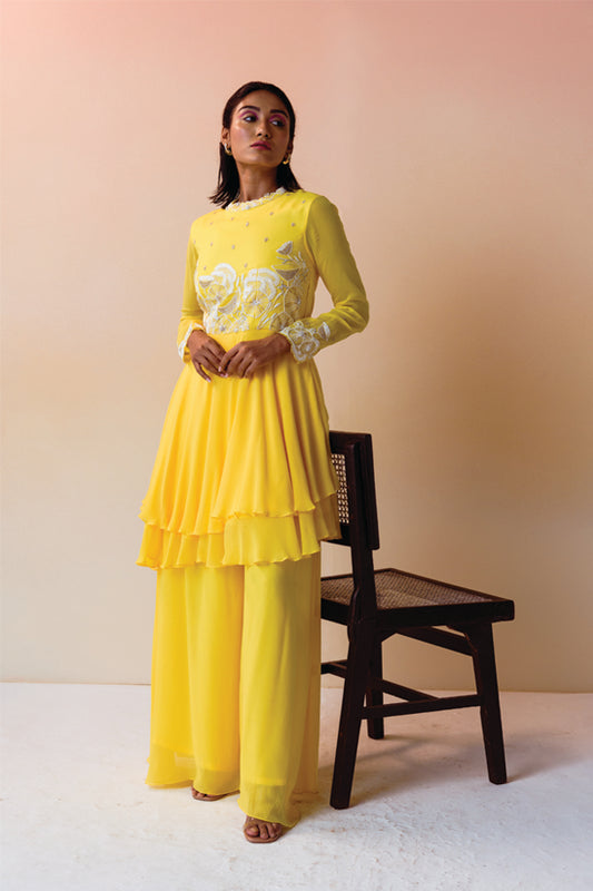Yellow Layeres Beaded Kurta with Sharara Pant