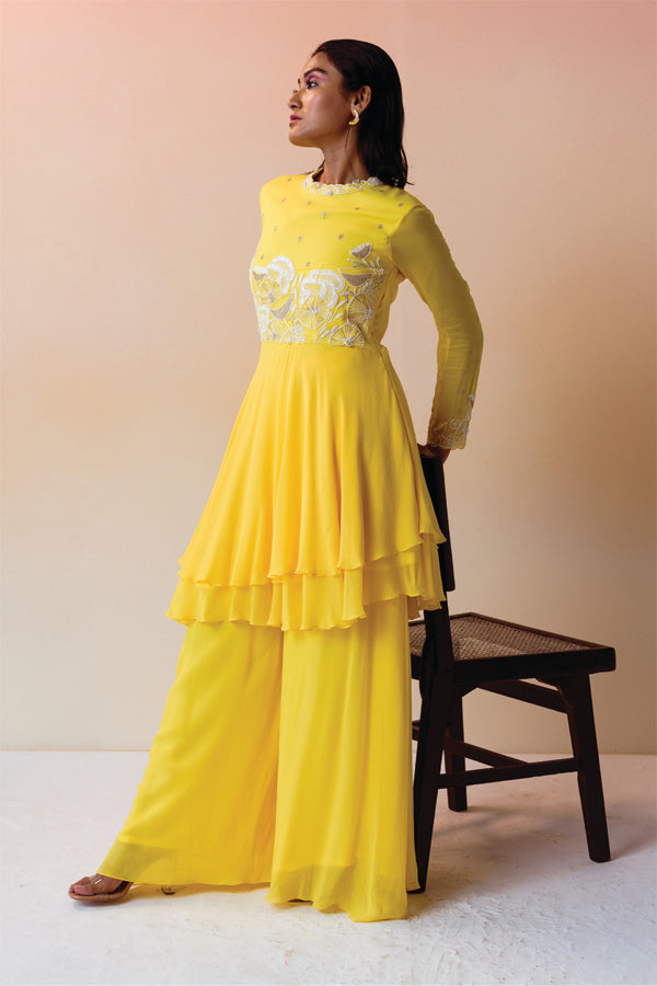 Yellow Layeres Beaded Kurta with Sharara Pant