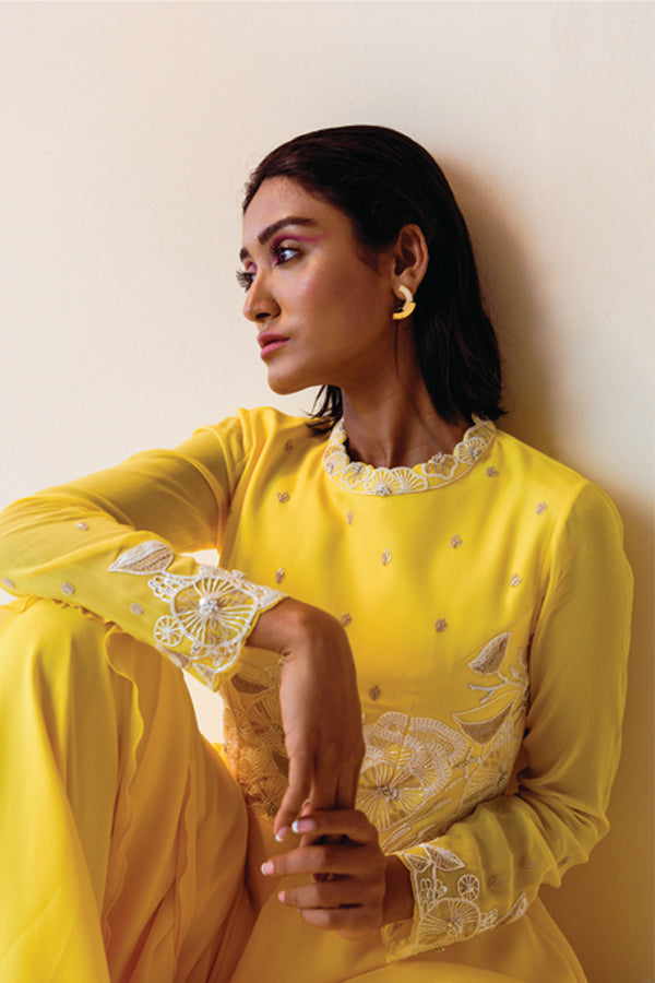 Yellow Layeres Beaded Kurta with Sharara Pant