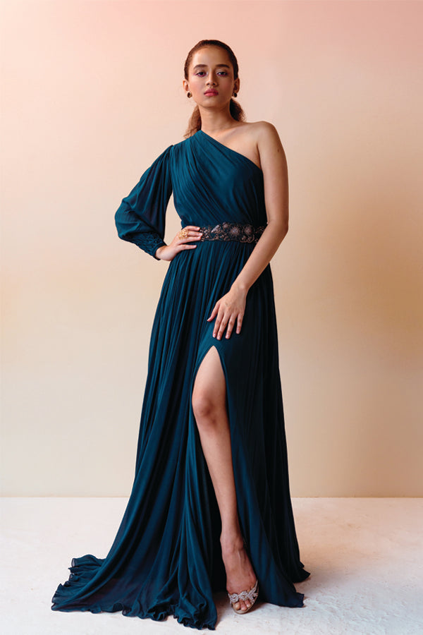 Teal One Shoulder Slit Gown with Belt