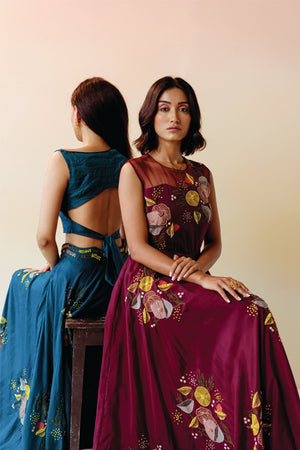 Burgundy Cluster Sheer Shoulder Gown
