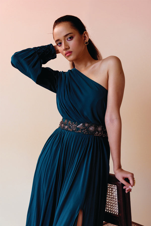 Teal One Shoulder Slit Gown with Belt
