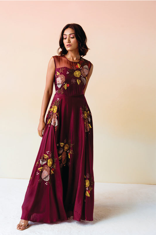 Burgundy Cluster Sheer Shoulder Gown