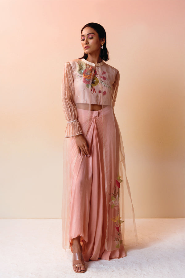 Old Rose Cluster Crop Top with Drapped Skirt ant Corded Organza Jacket