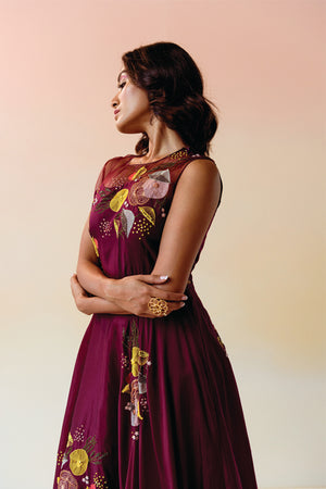 Burgundy Cluster Sheer Shoulder Gown