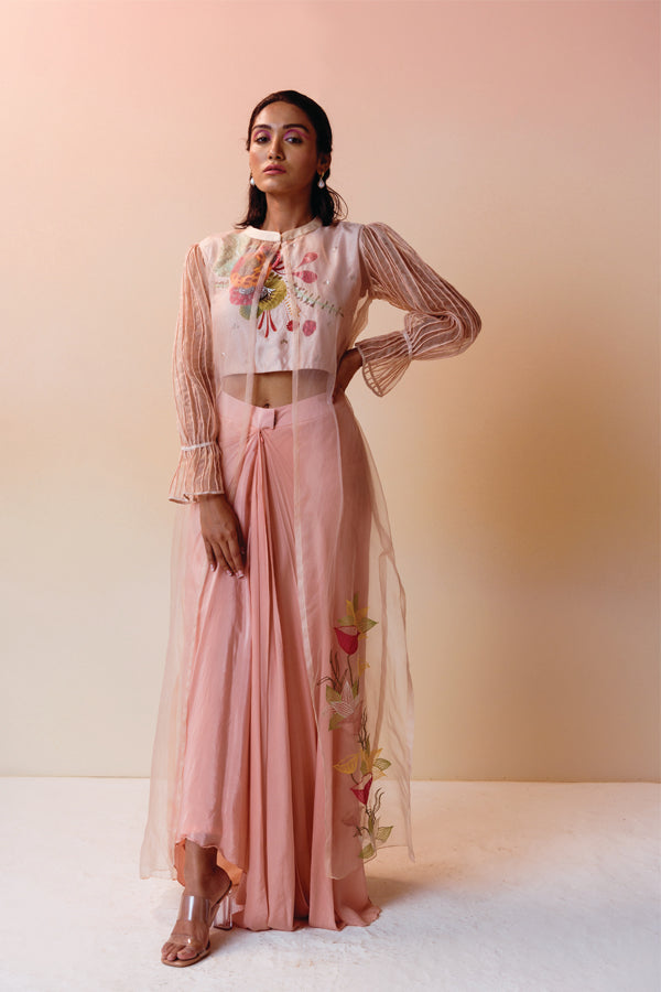 Old Rose Cluster Crop Top with Drapped Skirt ant Corded Organza Jacket