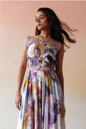 Swirl Print Sheer High Low Dress