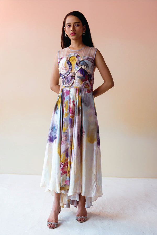 Swirl Print Sheer High Low Dress