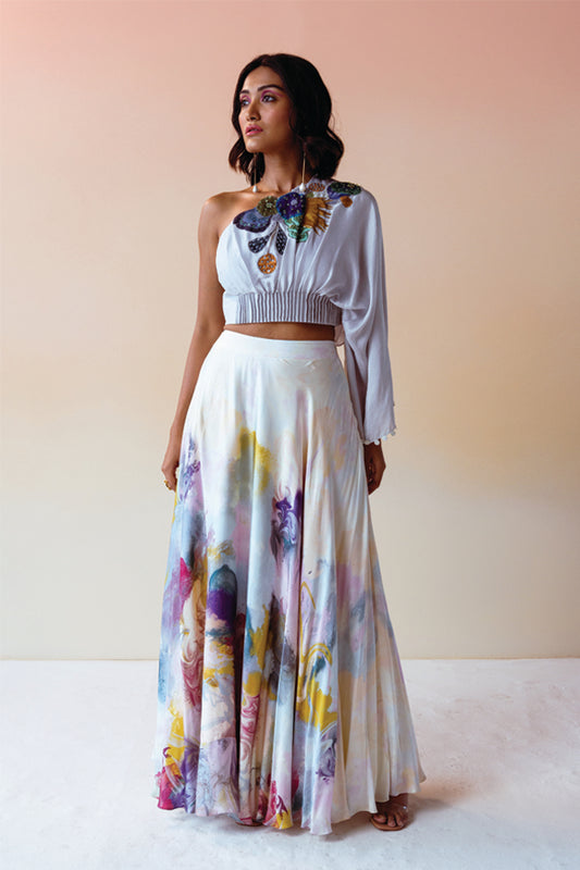 Powder Blue Cluster Pleated Hem Top with Swirl Print Skirt