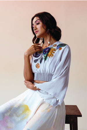 Powder Blue Cluster Pleated Hem Top with Swirl Print Skirt