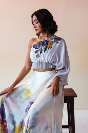 Powder Blue Cluster Pleated Hem Top with Swirl Print Skirt