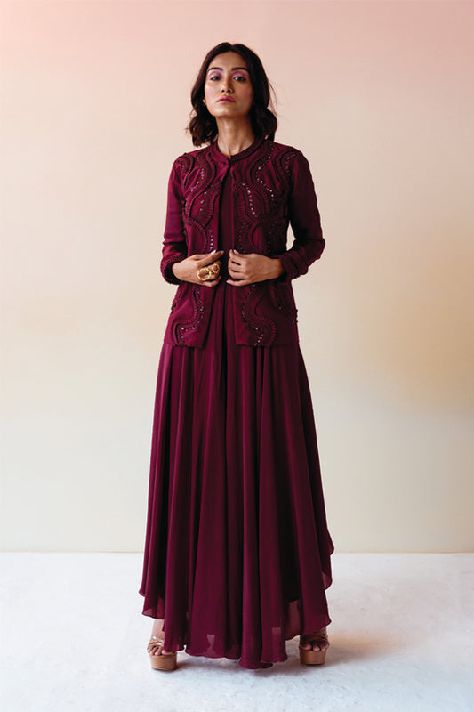 Burgundy Textured Jacket with Flare Jumpsuit