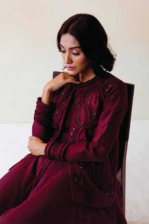 Burgundy Textured Jacket with Flare Jumpsuit