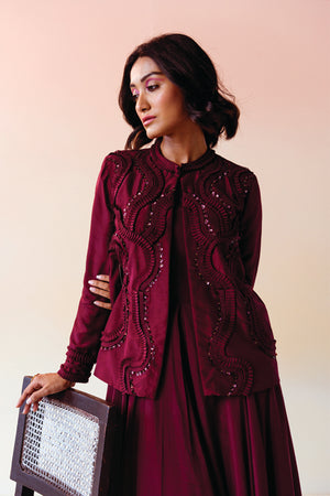 Burgundy Textured Jacket with Flare Jumpsuit