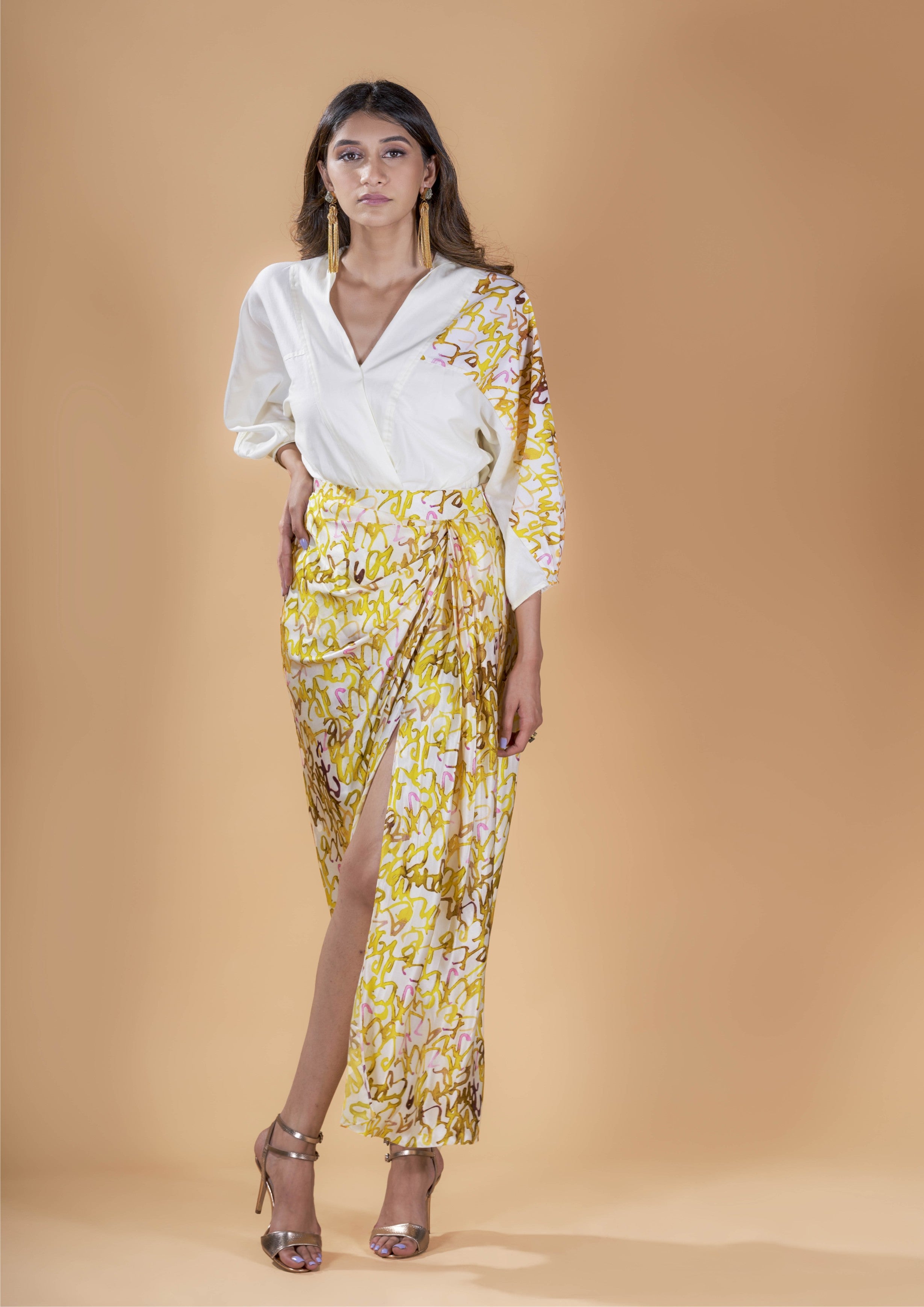 Offwhite drop shoulder wrap shirt with draped skirt set