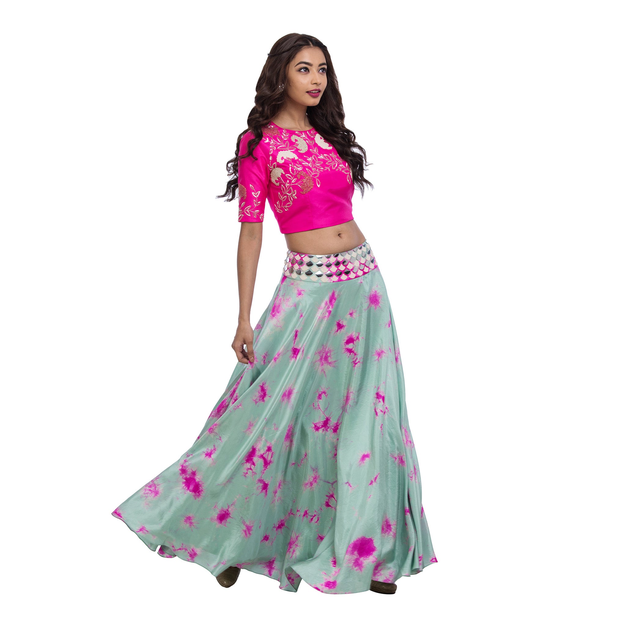 Pink & Mint Crop Top & Lehenga