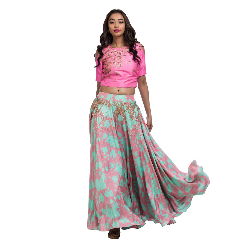 Pink Crop Top With Printed Lehenga